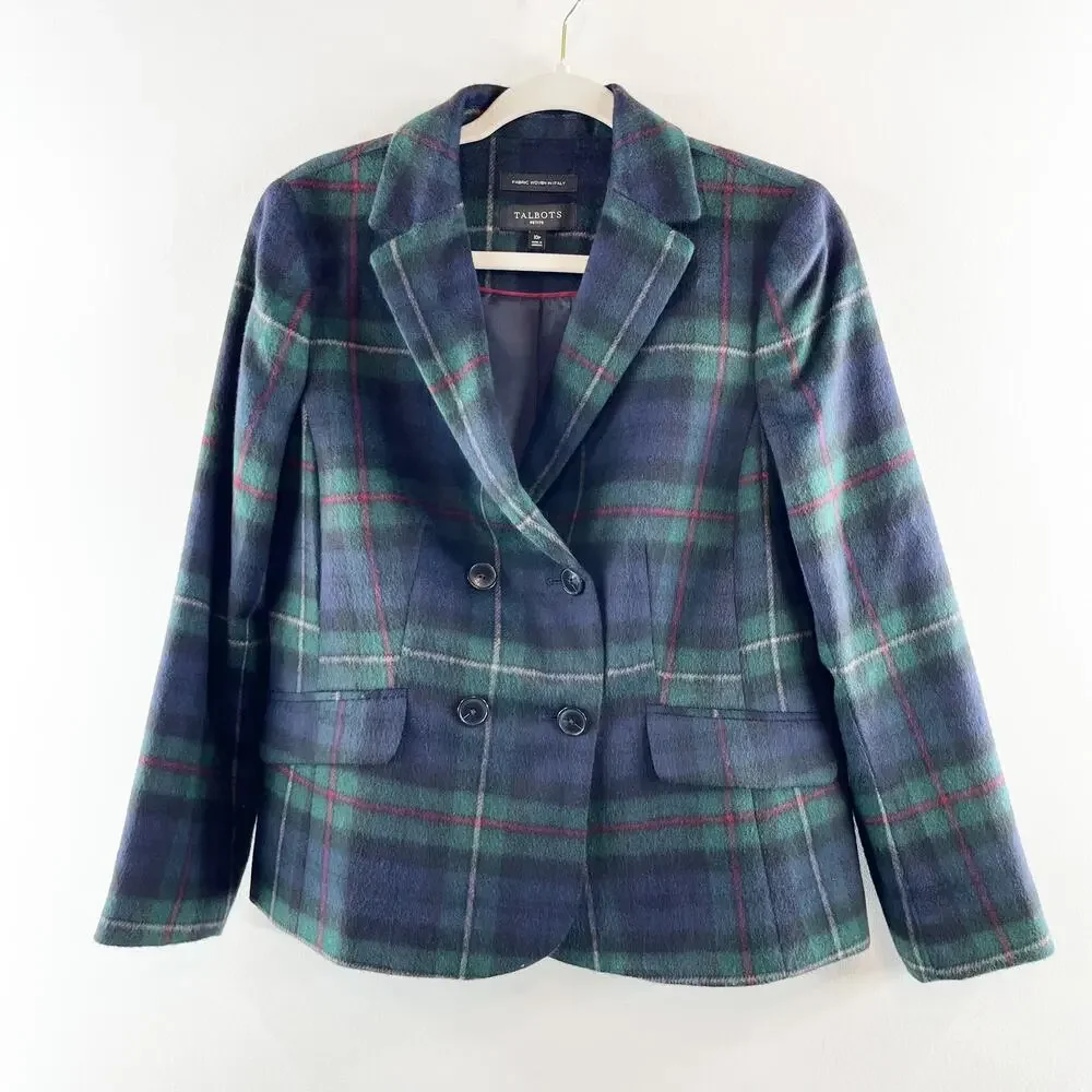 Talbots Brushed Wool Double Breasted Blazer Jacket Tartan Plaid Green 10P